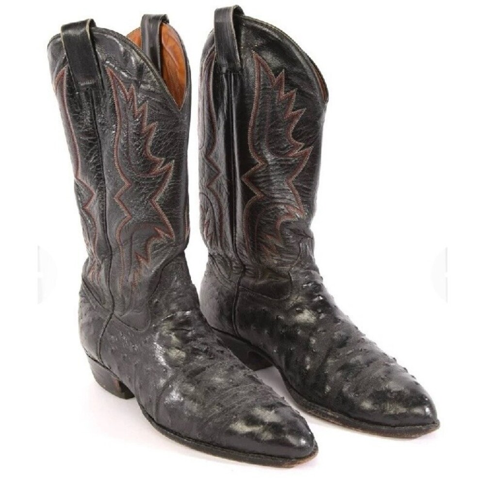 David Eden Black Rare Model Full Genuine Ostrich Western Cowboy Boots Sz 10 1/2D